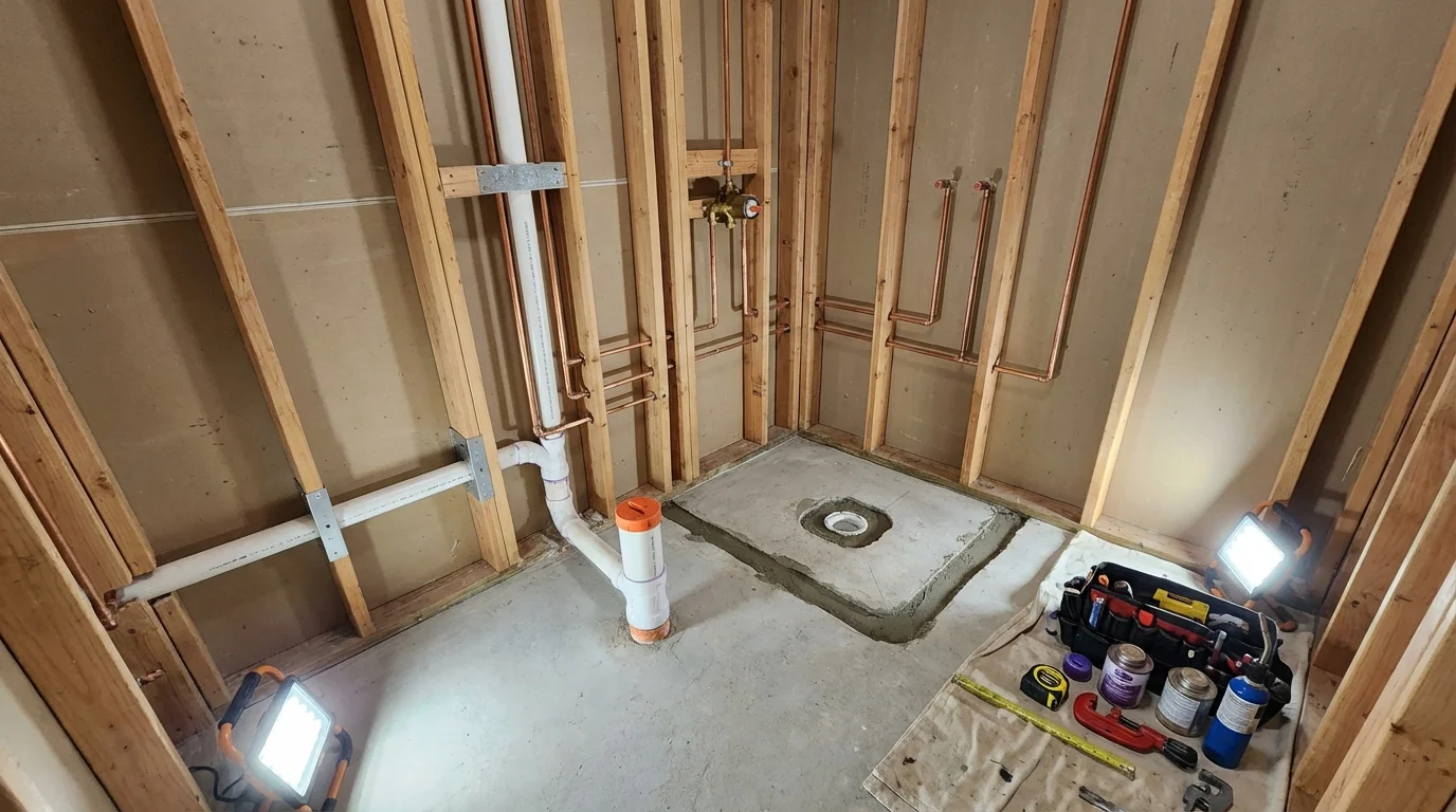 Bathroom rough-in plumbing during remodel by Johns Plumbing LLC in Pine Grove