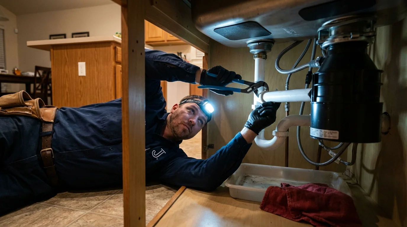P-trap and supply line connections under a kitchen sink showing a common leak point in Pine Grove, CA